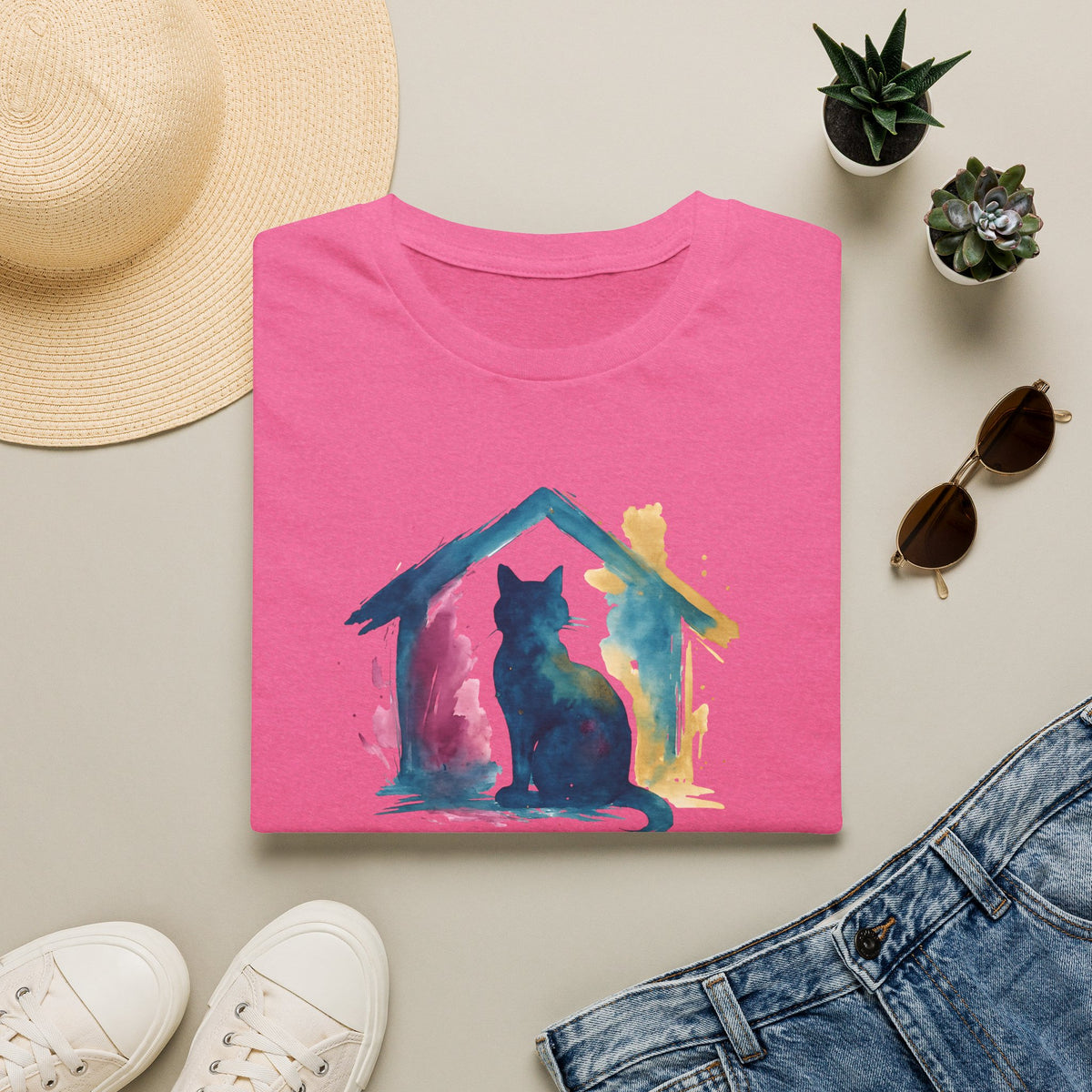 Watercolor Cat Inside House T-Shirt