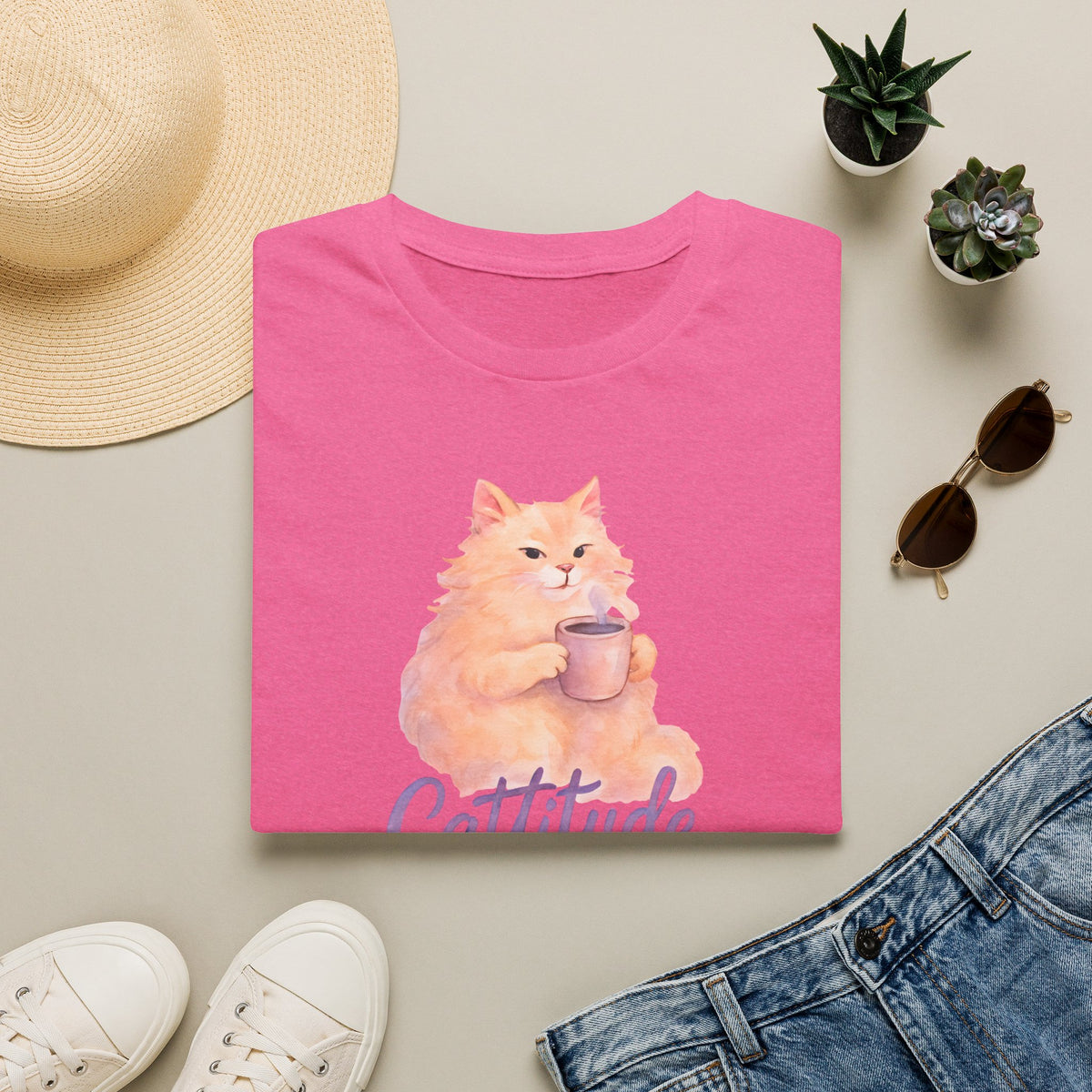 Cattitude - Cat with Coffee Cup T-Shirt