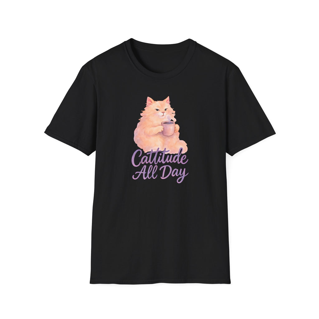 Cattitude - Cat with Coffee Cup T-Shirt