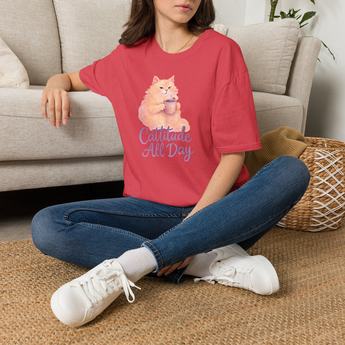 Cattitude - Cat with Coffee Cup T-Shirt
