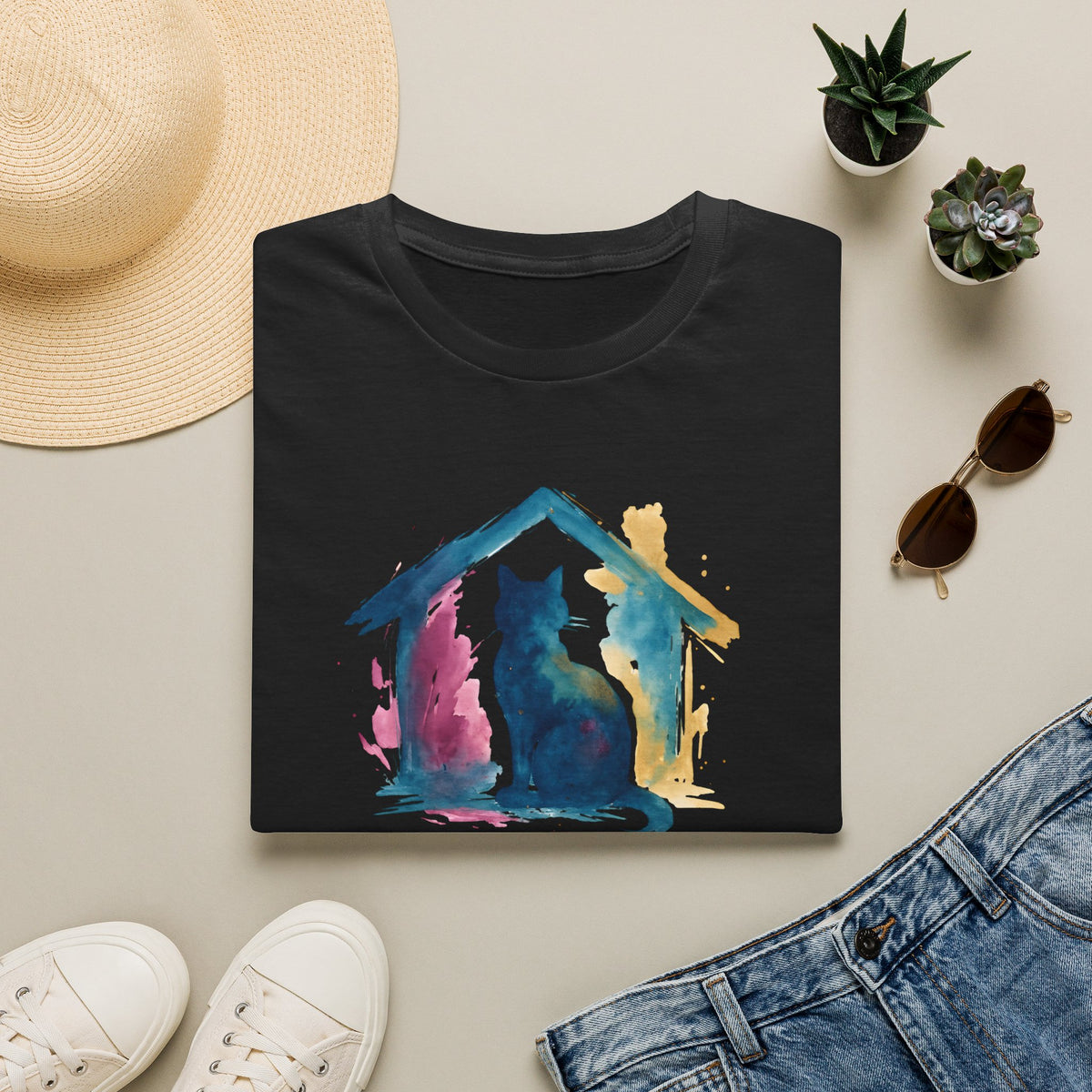 Watercolor Cat Inside House T-Shirt
