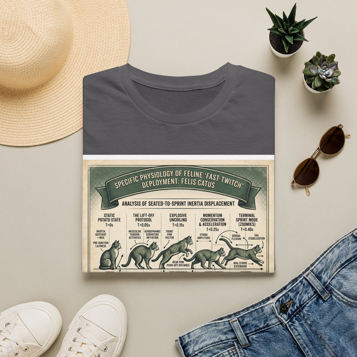 Cat Sprint Anatomy T‑Shirt — Vintage Feline Fast Twitch Diagram