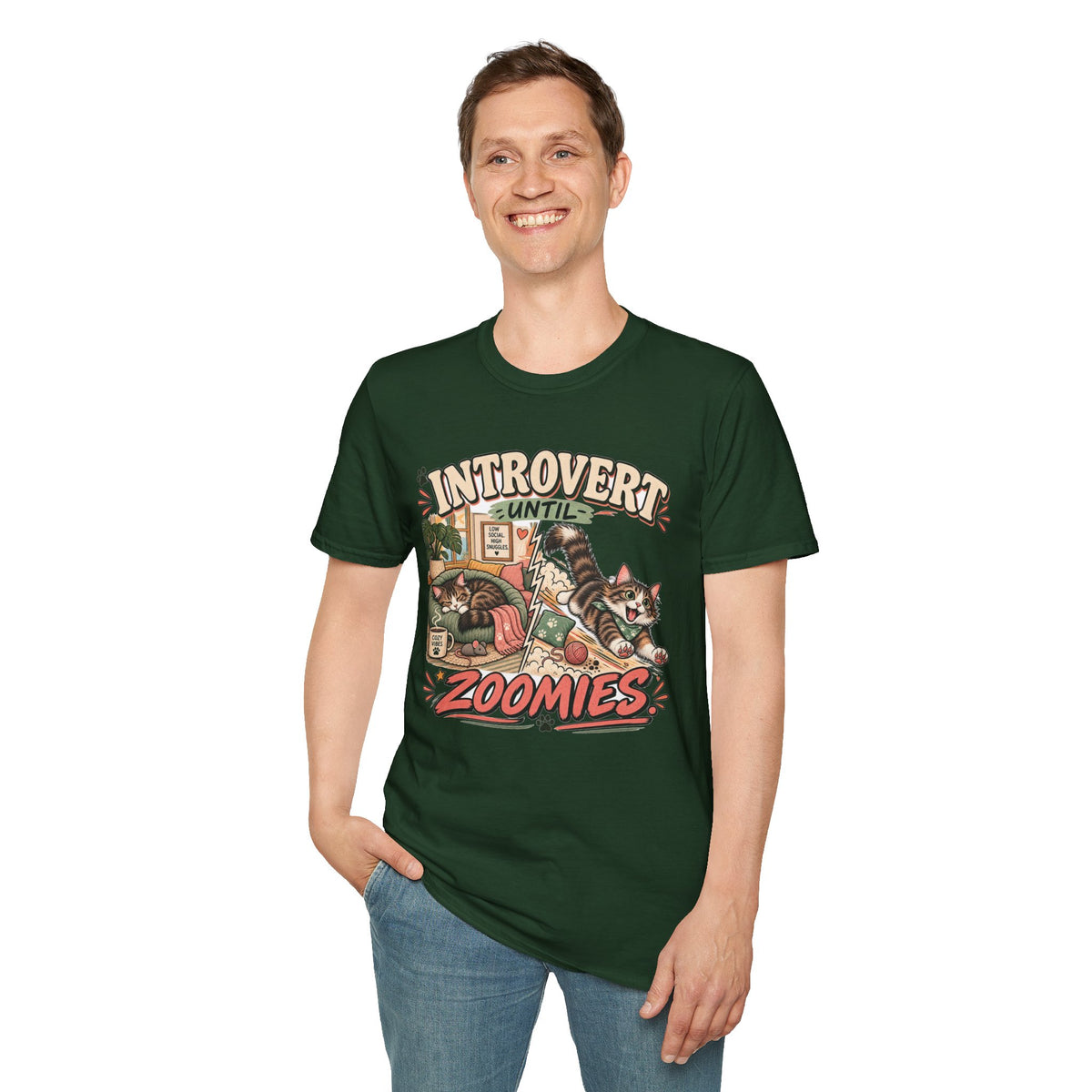 Introvert Until Zoomies T-Shirt — Cute Cat Nap & Play Graphic Tee