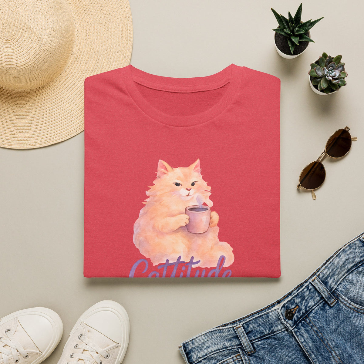 Cattitude - Cat with Coffee Cup T-Shirt