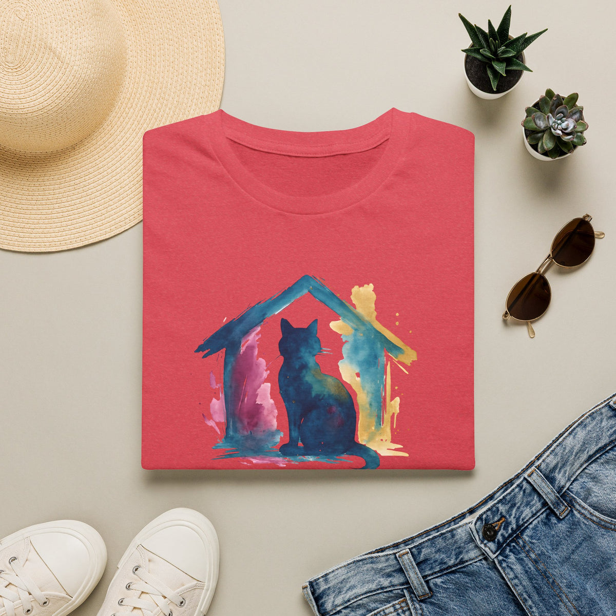 Watercolor Cat Inside House T-Shirt