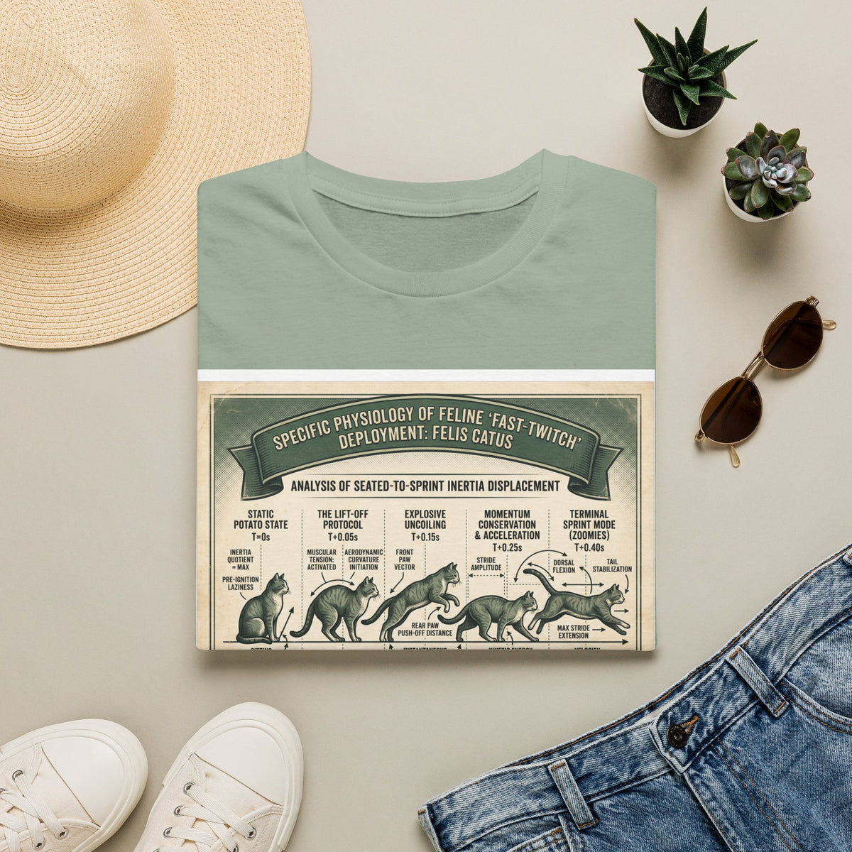 Cat Sprint Anatomy T‑Shirt — Vintage Feline Fast Twitch Diagram
