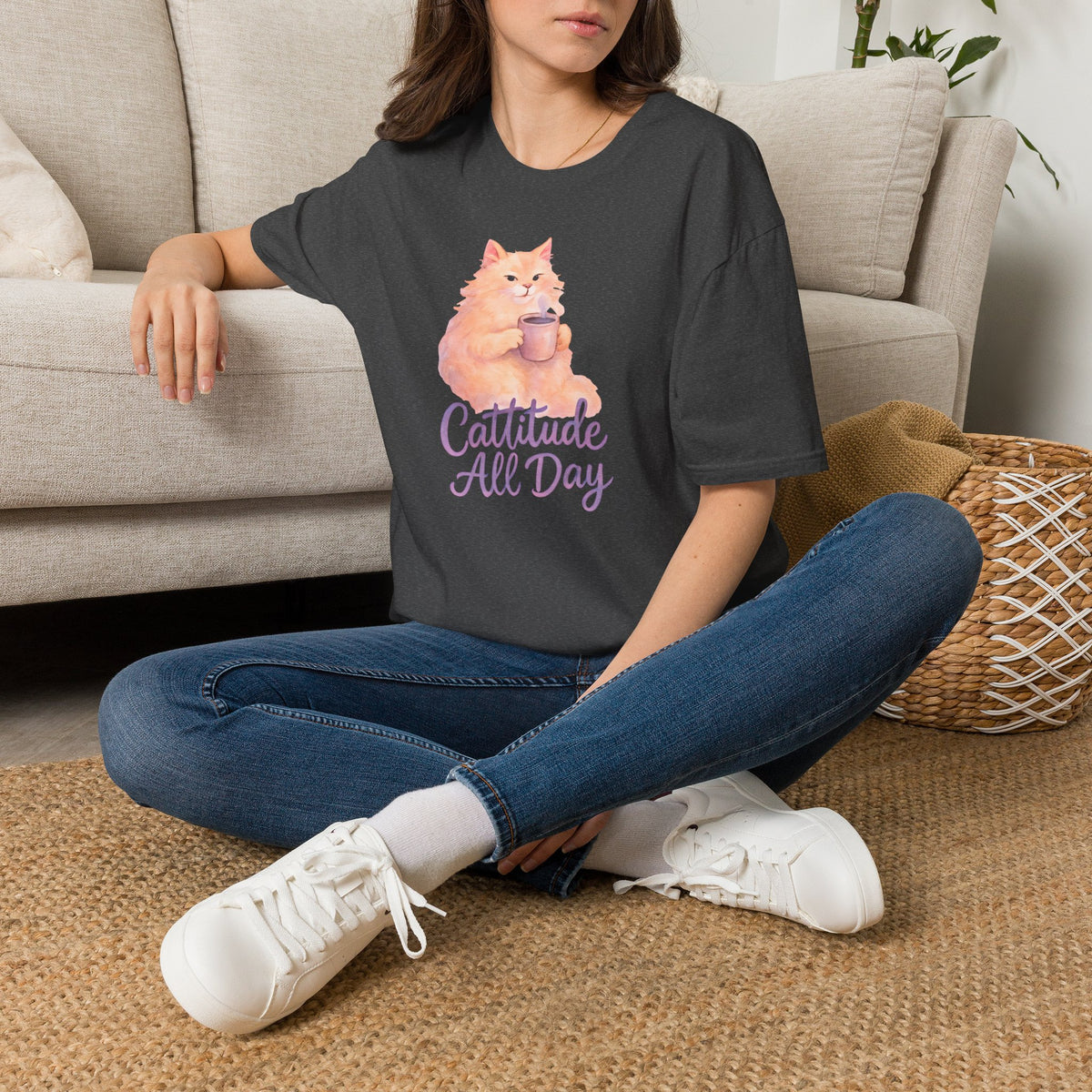 Cattitude - Cat with Coffee Cup T-Shirt