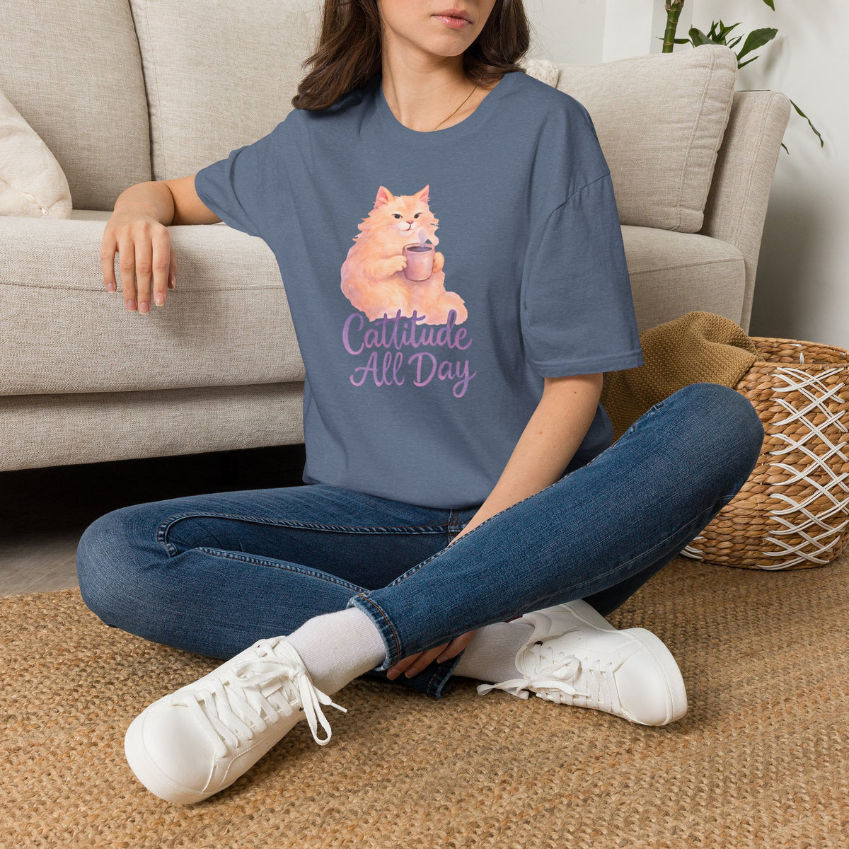 Cattitude - Cat with Coffee Cup T-Shirt
