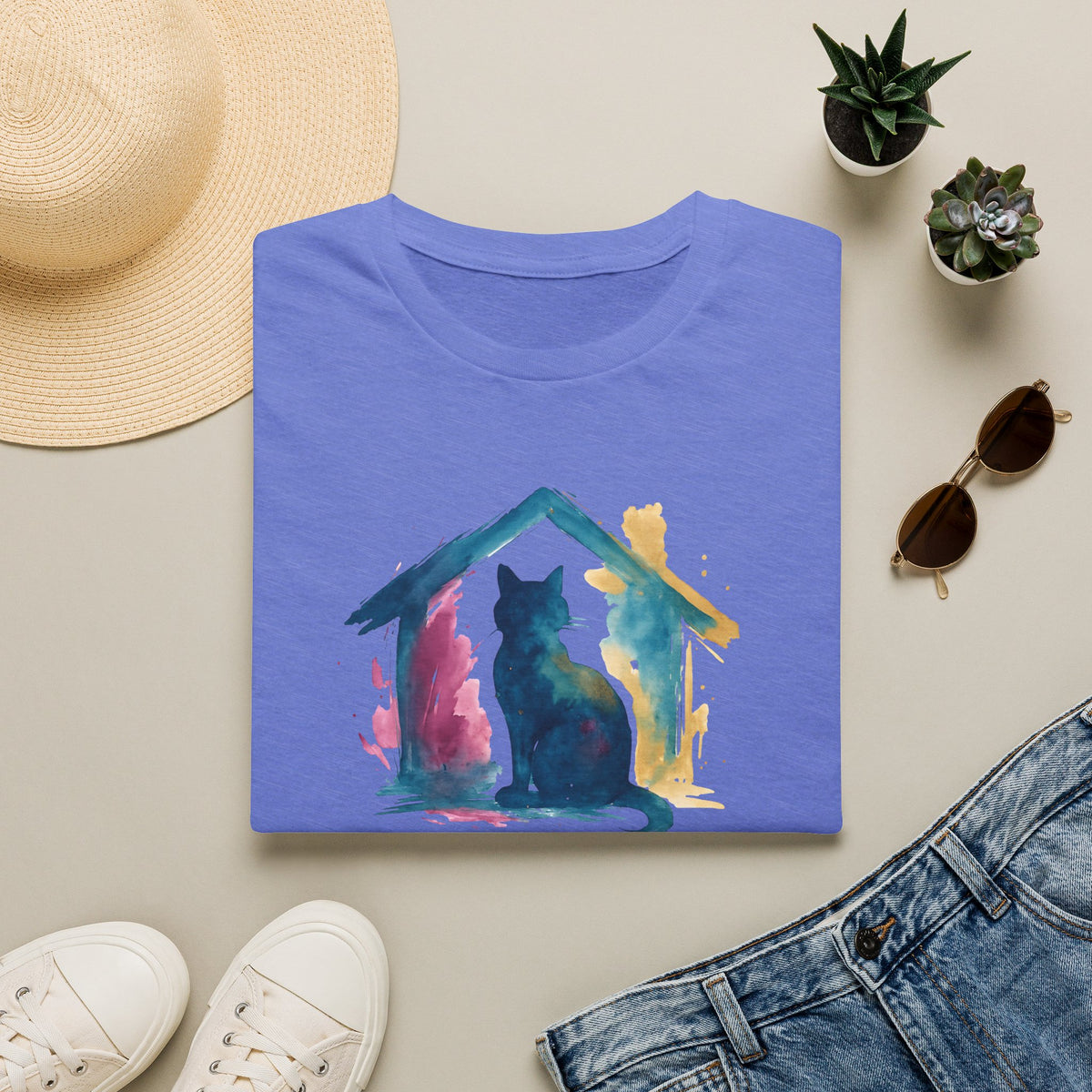 Watercolor Cat Inside House T-Shirt