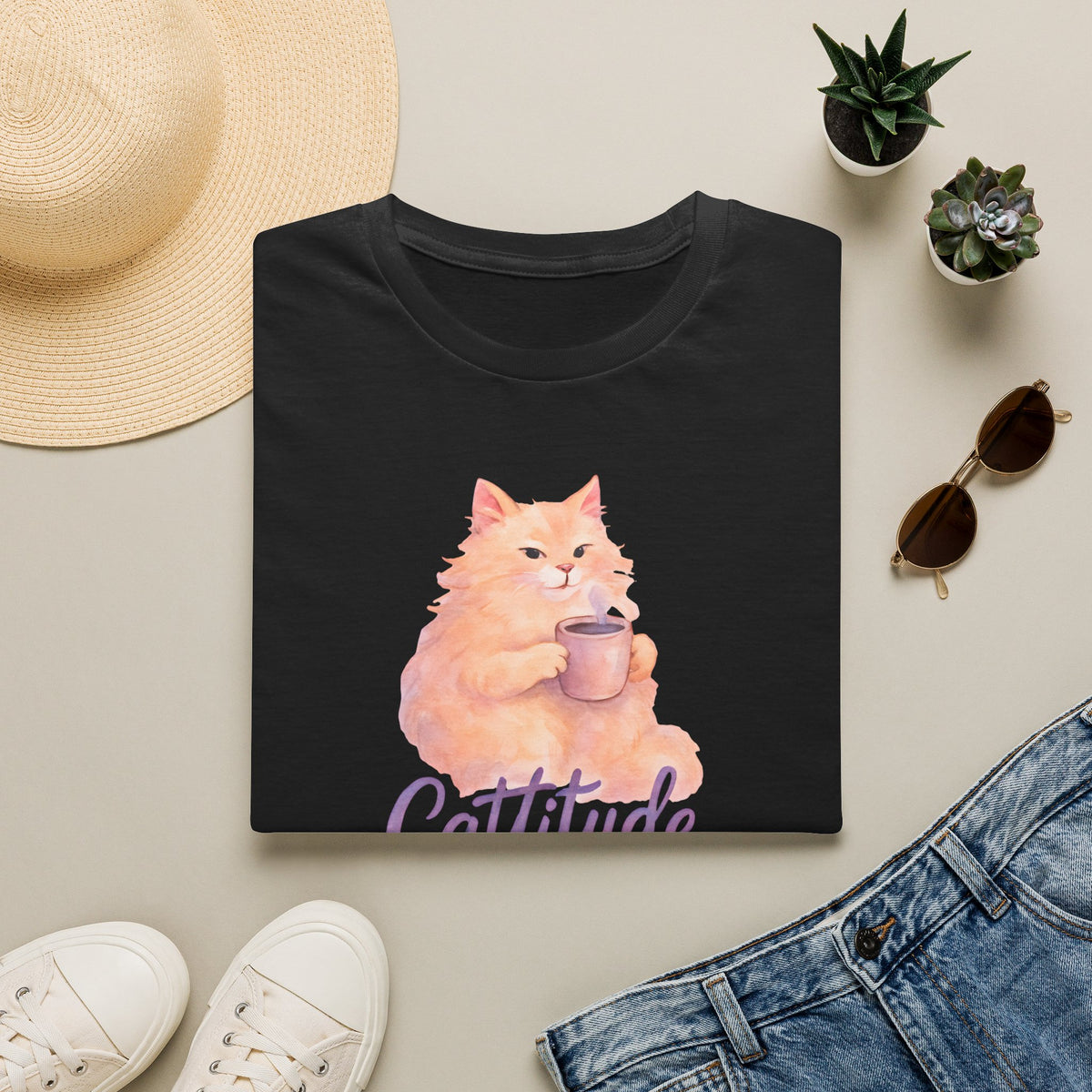 Cattitude - Cat with Coffee Cup T-Shirt