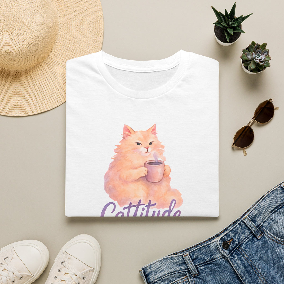 Cattitude - Cat with Coffee Cup T-Shirt
