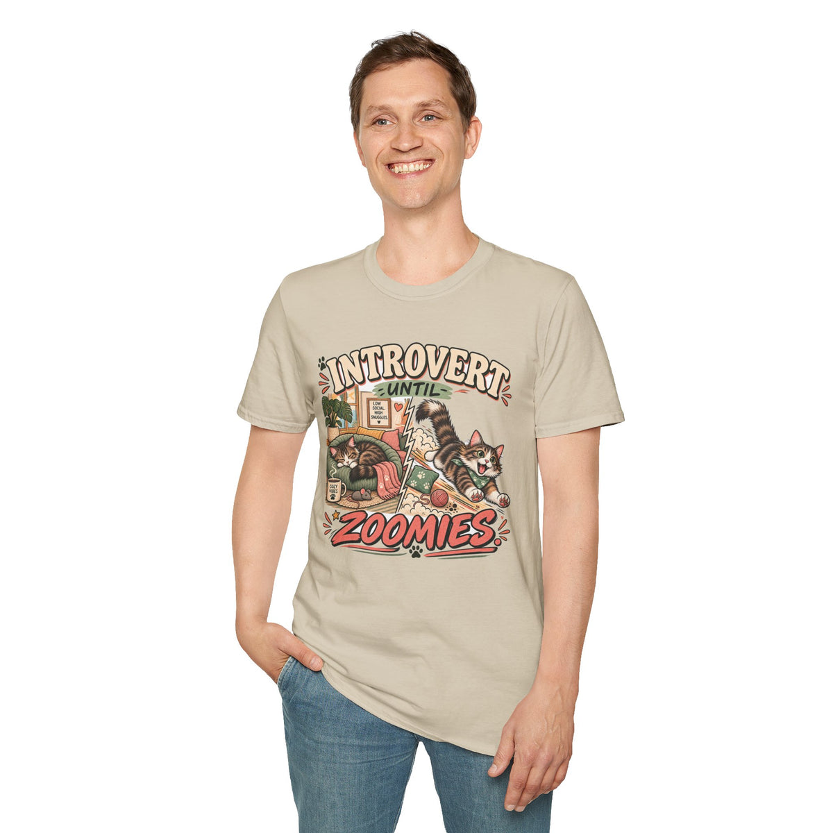 Introvert Until Zoomies T-Shirt — Cute Cat Nap & Play Graphic Tee