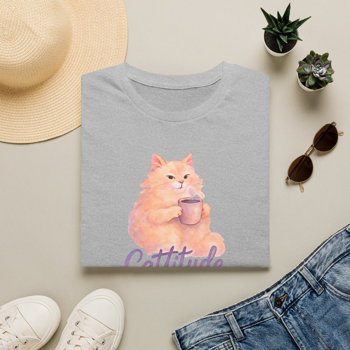 Cattitude - Cat with Coffee Cup T-Shirt