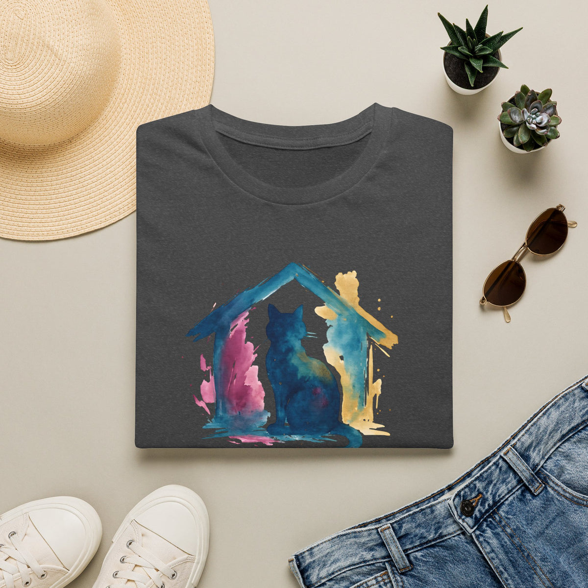 Watercolor Cat Inside House T-Shirt
