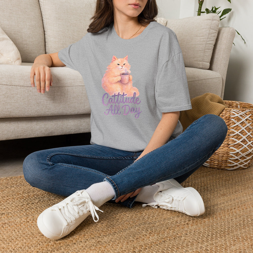 Cattitude - Cat with Coffee Cup T-Shirt