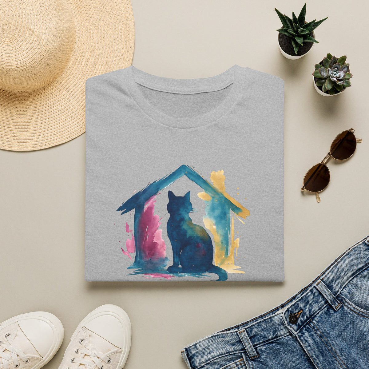 Watercolor Cat Inside House T-Shirt